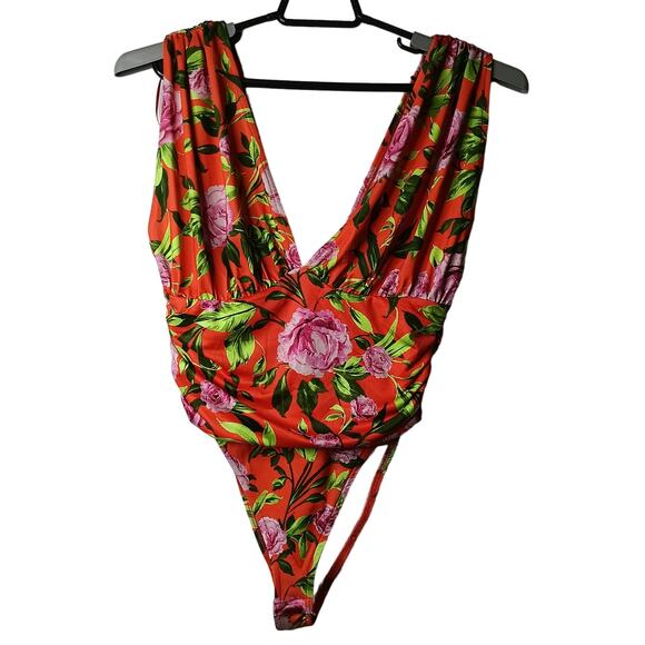 Zara Womens Rose Floral Printed Draped Bodysuit High Cut Medium New - Picture 10 of 13